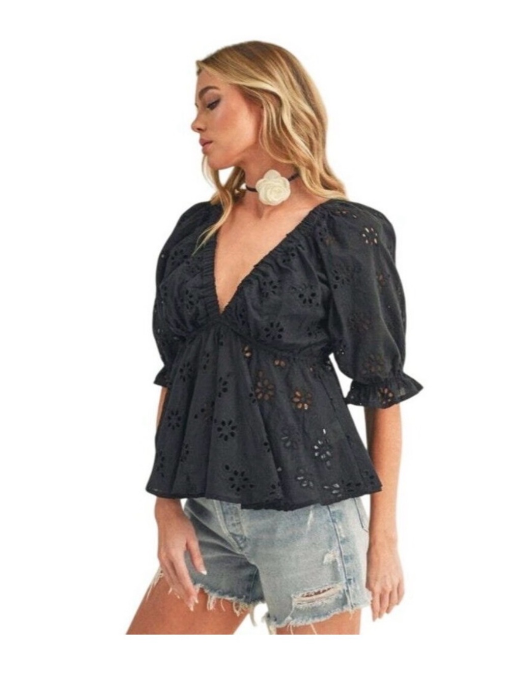 Aemi + Co Peplum Black Eyelet Cotton Blouse‎ with Puff Sleeves Womens L